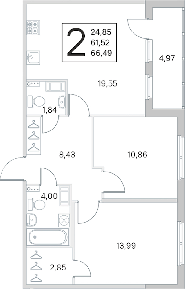 2-комнатная квартира 61.52 м², 3/4 эт., ЖК «Любоград в Стрельне»